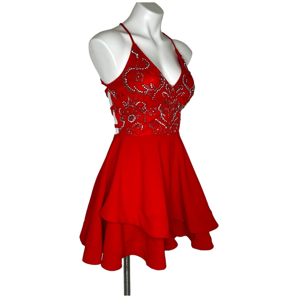 B Darlin Strappy Embellished A-Line Dress Red Junior's Size 7 Prom Hoco